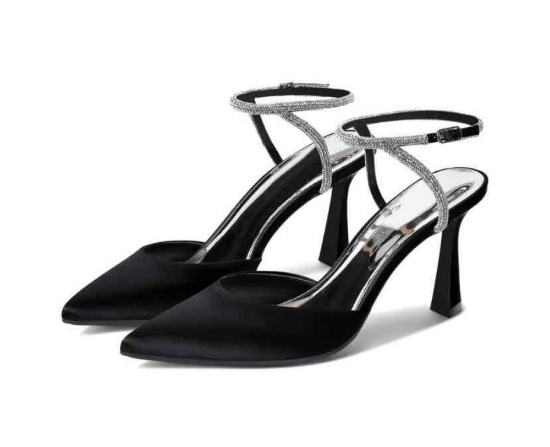 Coutgo Women Rhinestone Heels Kitten High Satin Pumps Pointed Toe Sparkly Sexy Wedding Dress Shoes
