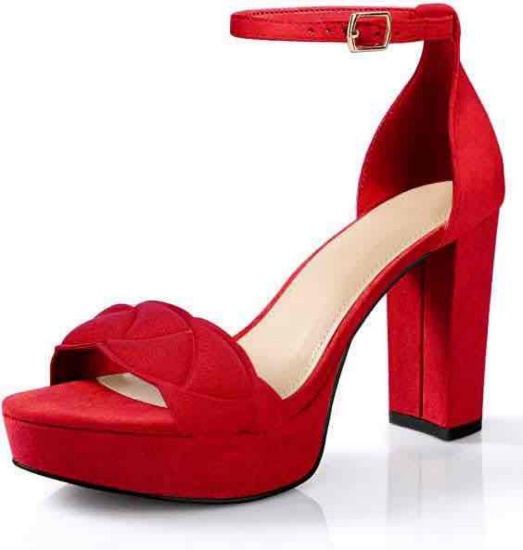Coutgo Womens Platform Heeled Sandals Block High Heels Pumps Buckle Ankle Strap Faux Suede Dress