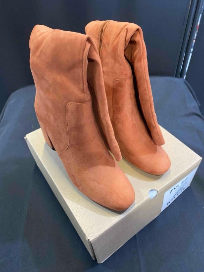 Rilista Womens Knee High Boots Block Chunky Heel Round Toe Suede Comfortable Side Zipper Winter Tall