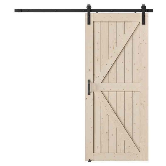 Paneled Solid Wood Unfinished Barn Door with Installation Hardware Kit