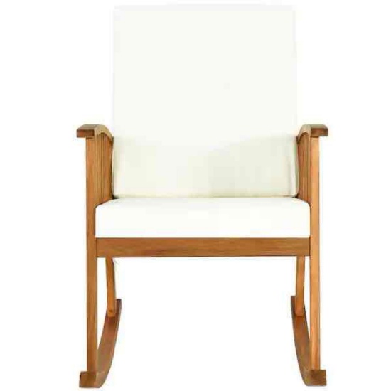 Teak Acacia Wood Outdoor Rocking Chair with Beige Cushion