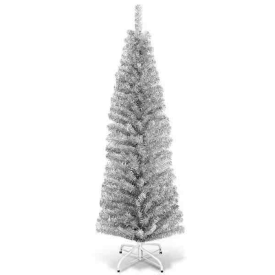 6 ft. Silver Unlit Metal Tinsel Artificial Tree Slim Pencil Christmas Tree