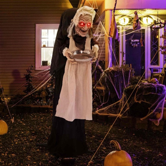 Costway 5.2 FT Halloween Animated Standing Greeter Old Lady with Candy Dish & LED Eyes