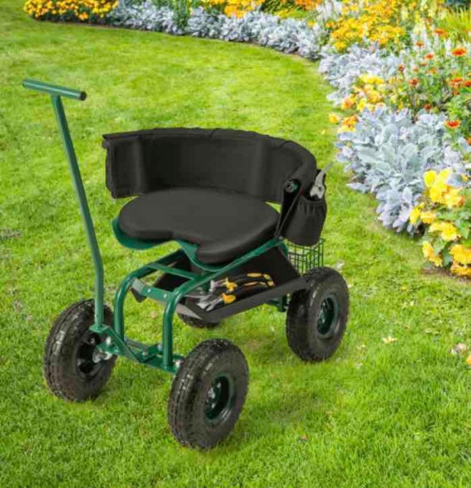 Rolling Garden Cart with Height Adjustable Swivel Seat and Storage Basket-Green