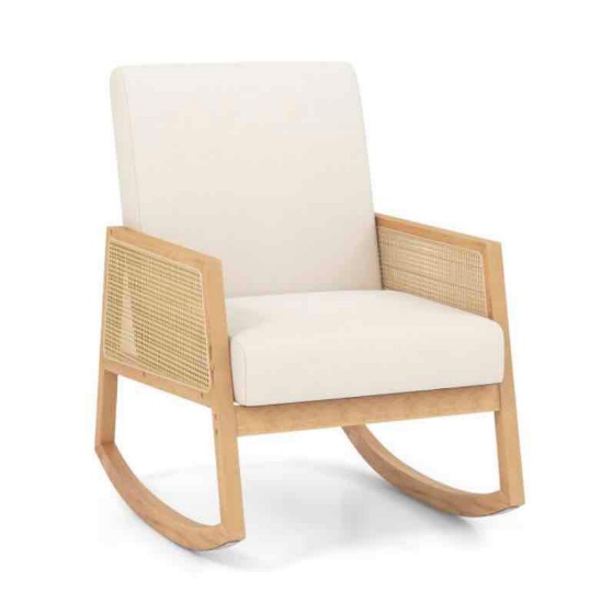 Rocking Chair with Rattan Armrests and Upholstered Cushion