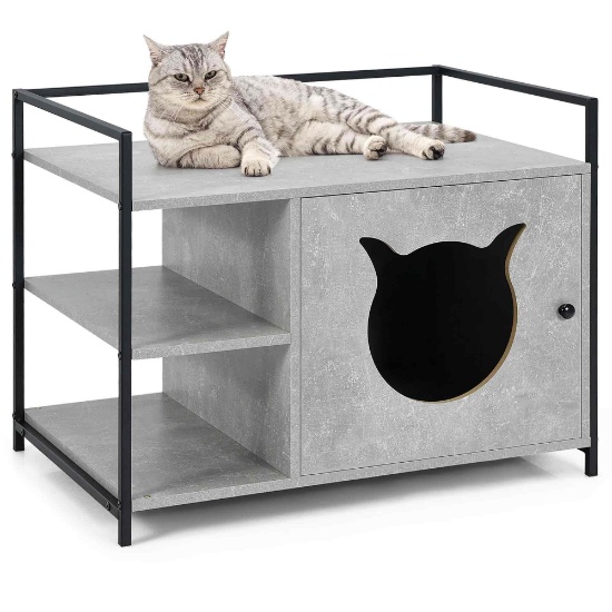 Costway Cat Litter Box Enclosure Hidden Litter Furniture Cabinet W/ 2-Tier Storage Shelf Gray