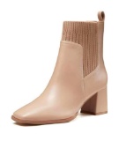 Womens Slip On Ankle Boots Chunky Block Heel Square Toe Chelsea Dress Booties
