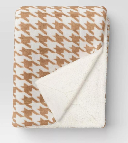 Printed Plush Houndstooth Throw with Faux Shearling Reverse
