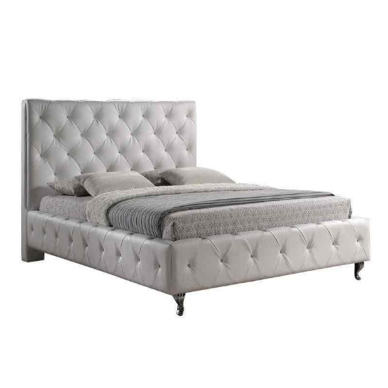 Baxton Studio Stella Crystal Tufted White Modern Bed with Upholstered Headboard