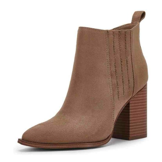 Womens Pointed Toe Slip on Ankle Booties Stacked Mid Block Heel Shoes Faux Leather Boots