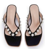 Womens Chunky Heel Flip Flops Pearl Sandals Square Toe Mules Slip On Slides Slippers, Black