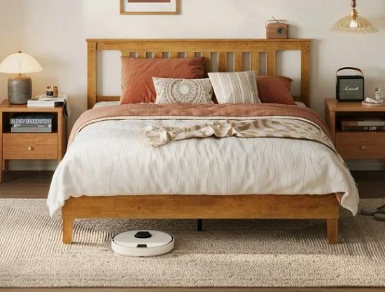 Linsy Home Solid Wood Queen Size Bed Frame with Headboard, No Box Spring Needed, Pine