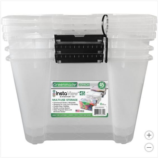 Qty 3 Greenmade InstaView 45 Multi-Use Storage Bin, 45 Quart, Clear