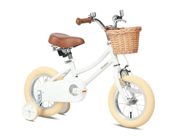Petimini 14 Inch Child Bicycle with Basket, Bell, and Training Wheels, White