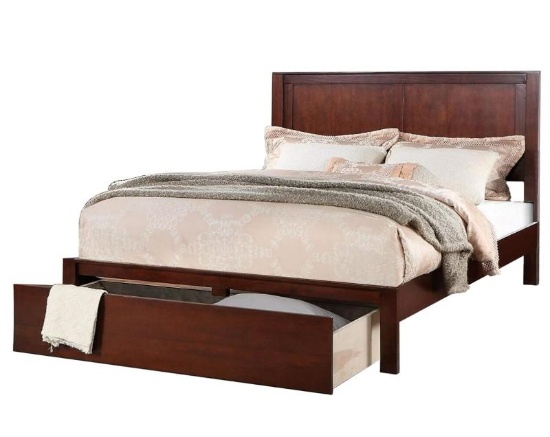3 boxes - Benjara Kali Platform California King Panel Bed, Storage Drawer, Cherry Brown Wood