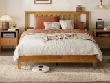 Linsy Home Solid Wood Queen Size Bed Frame with Headboard, No Box Spring Needed, Pine