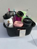 Misc. Basket of Plastic Cups and Water Bottles