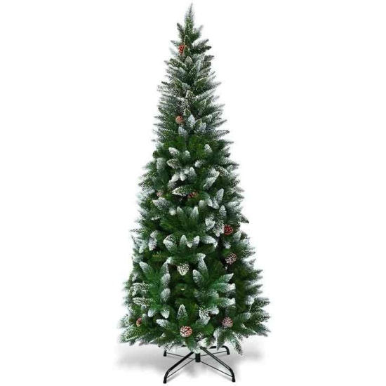 5ft Snow Flocked Unlit Pencil Christmas Tree Hinged Pine Cones