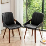 Dining Chairs Set of 2, Mid Century Modern Black Faux Leather Upholstered Armless Accent Chairs with