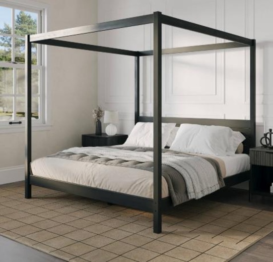 Walker Edison Isla King Canopy Bed w/ Slatted Headboard in Black
