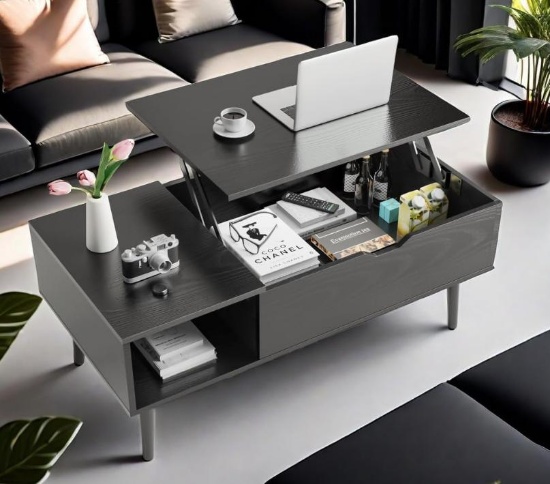 Wood Lift Top Coffee Table w/Adjustable Storage Shelf & Hidden Compartment