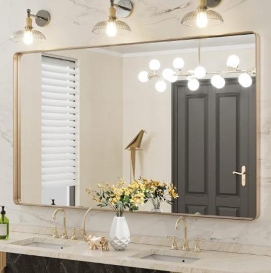 LOAAO 60 x 36 Inch Gold Bathroom Mirror Rounded Rectangle Mirror with Gold Frame Brushed