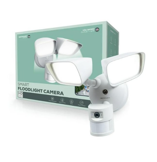 Merkury Smart Floodlight Camera HD Surveillance, Motion Alerts & 1800-Lumen Light