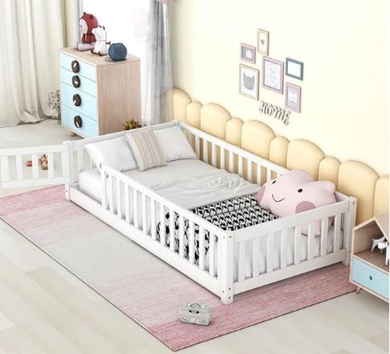 Twin Floor Bed with Fence and Door, Wooden Montessori Twin Platform Bed Frame