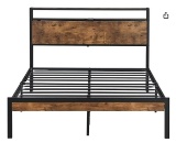 King Size Metal Platform Bed Frame with Wooden Headboard