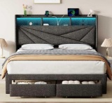 LED King Size Bed Frame with 2 Storage Drawers, Upholstered King Bed Frame with Headboard