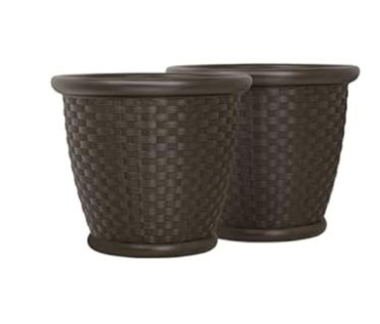 Qty 2 Suncast 22" Sonora Resin Indoor/Outdoor Wicker Planter, Decorative Round Garden Pot