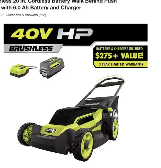 RYOBI 40V HP Brushless 20 in. Cordless Battery Walk Behind Push Lawn Mower