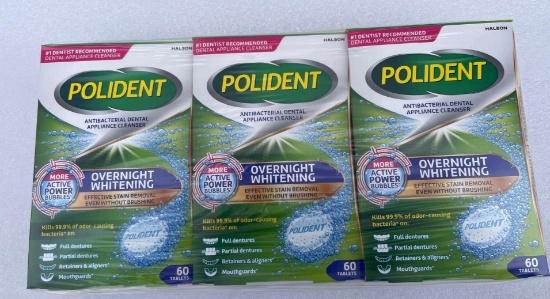 Qty 3 Polident Overnight Whitening Antibacterial Dental Teeth Whitening.