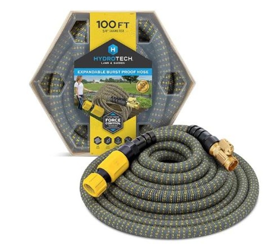 HydroTech 100 ft Expandable Garden Hose with Patented Force Control Technology - 5/8" No-Kink Flexib