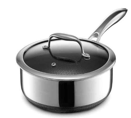 HexClad Hybrid Nonstick 3-Quart Saucepan with Tempered Glass Lid, Stay-Cool Handle