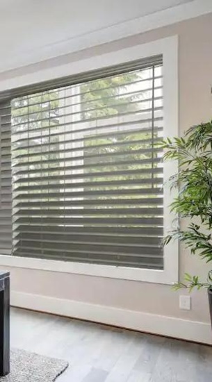 Driftwood Gray Cordless Premium Faux Wood blinds with 2.5 in Slats - 35 in W x 64 in L