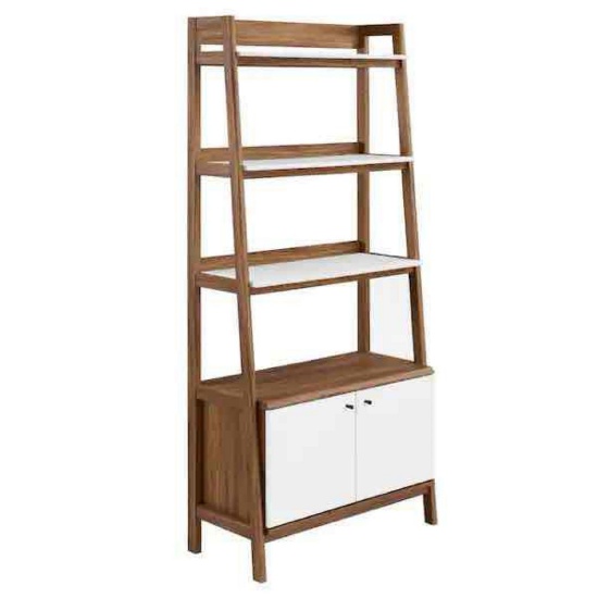71 in. Walnut White 4-Shelf Standard Bookcase with Concealed Storage Area