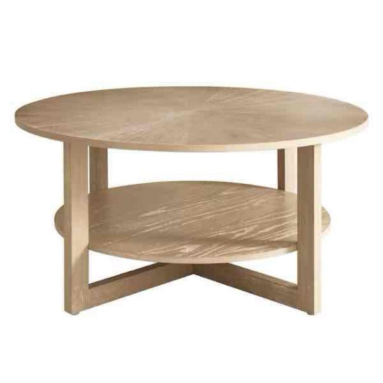 Light Brown Round Parawood Coffee Table with Shelf