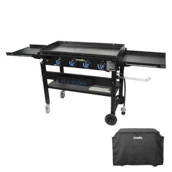 Razor 37 in. 4-Burner Portable Propane Gas Griddle Flat Top Grill in Black with Foldable Shelves and