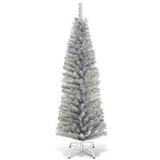 Costway 6-Feet Pencil Silver Artificial Christmas Tree
