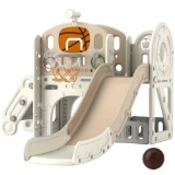 Qaba 7-in-1 Toddler Slide, Kids Slide for Ages 1-6 Years w/ Ring Toss, Basketball Hoop