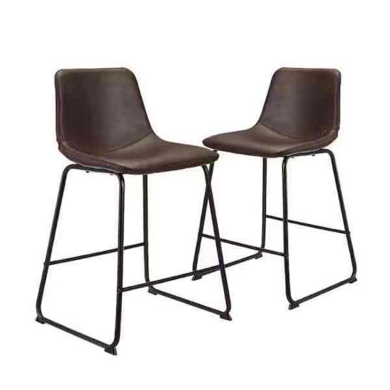 2 Pack of Armless Counter Stool with Black Metal Base Faux Leather Bucket Seat