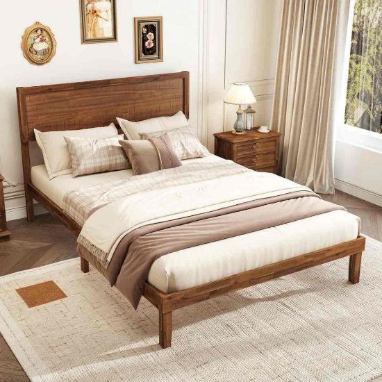 Wood Bed Frames with Headboard, Mid Century Modern Platform Bed Full Size