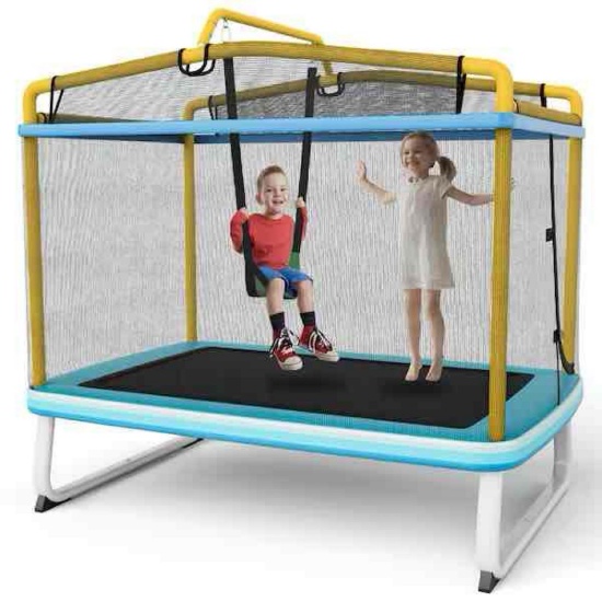 6 ft. 3-in-1 Yellow Kids Trampoline with Swing and Horizontal Bar Outdoor Indoor Rectangle Toddler