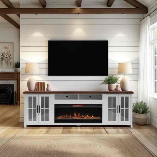 Brixham 97 inch Solid Wood Fireplace TV Stand Console for TVs up to 100 inches, Two-Tone Finish