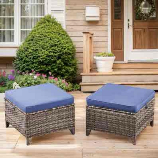Opohoro U-Weave Metal and Gray Wicker Outdoor Ottoman with Olefin Navy Blue Cushion (2-Pack)