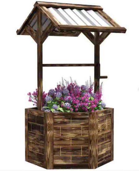 Outsunny 25.6 in. Tan Wood Wishing Well Planter with Galvanized Canopy