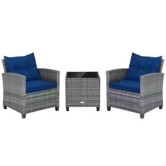 3-Pieces Wicker Patio Conversation Set Rattan Furniture Bistro Sofas Side Table