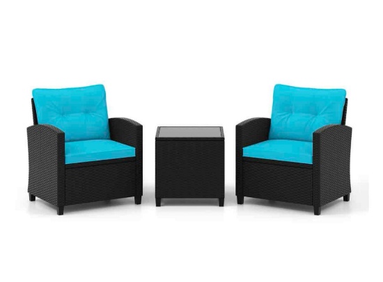3 Pieces Patio Furniture Set with Tempered Glass Coffee Table, Turquoise