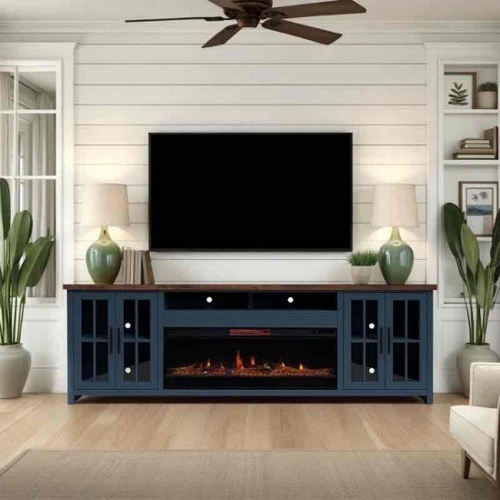 Brixham 97 inch Solid Wood Fireplace TV Stand Console for TVs up to 100 inches, Two-Tone Finish